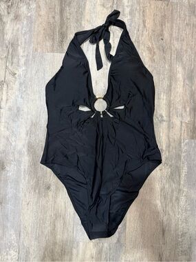 Cupshe Black Halter One-Piece Swimsuit with Gold Ring Accent